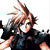 Pixelated character with spiky brown hair, blue eyes, and a black outfit against white background.