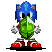 Four pixelated Sonic the Hedgehog icons holding green objects with white symbols, arranged in a on gray background