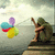 A pixelated image shows a figure in green clothing holding colorful balloons against a light sky background.