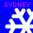 Blue background with four white snowflakes and pink 'SYDNEY' text above each snowflake.