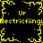 Yellow pixelated text and symbols on black background with animated lightning effects.