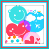 Pixelated icon with four overlapping shapes: cyan smiley face, blue globe with clouds and airplane, red heart, and pink heart with smaller hearts, all on white background with blue and red border.