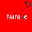 Red background with black pixelated heart symbol above two white text instances of 'Natalie' in a blocky font.