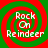 Four identical circular icons arranged in a , each with red and green spiral background and white text reading "Rock On Reindeer"