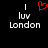 Pixelated text 'I luv London' with a red heart symbol above the word 'luv', displayed on black background.