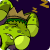 Animated sequence showing a green cartoon monster with a crown sleeping and a yellow-haired character holding a red device that emits light.