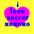 Four identical pixelated heart-shaped icons with blue text on a yellow background, each displaying 'i love soccer HONXOXO' in stacked lines.