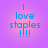 Pixelated blue text on a purple-to-pink gradient background reads "I love staples !!!!" with four exclamation marks below the word staples.