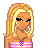 Pixelated image of a blonde woman with large earrings, pink striped top, and white pants holding a striped bag; text below reads 'i'm only cute on days that end in y' in red pixel font.