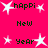 Pixelated pink background with white starbursts and black text reading 'happi', 'New', 'Year' in various arrangements.