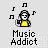 Pixel art icon of a person with headphones holding a device, surrounded by musical notes and labeled 'Music Addict' below.
