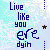 Animated contact sheet of a pixel art buddy icon showing text "Live like you were dyin" with star symbols and subtle frame-to-frame animation changes on a light blue background.