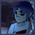 Pixelated character with blue hair and dark eyes wears light shirt with red patch; background is blurred dark scene.