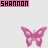 Animated sequence of pink butterflies with varying wing patterns and surrounding geometric shapes, each paired with 'SHANNON' text in dark purple rectangles.