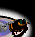 Pixelated cartoon cat face with wide eyes and a grin, set against a dark background with light gradient. The right side shows an additional vertical element.