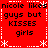 Red background with white dashed border and snowflake corners, displaying repeated text "nicole likes guys but KISSES girls" in black pixelated font.