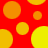 Red background with scattered yellow and orange circles of varying sizes, some partially cut off at edges.