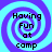 Four identical spiral-patterned icons with blue and purple hues display the text "Having Fun at camp" in black pixelated font.