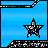 Pixelated star icon with black and white patterned fill, small orange dot at top point, blue gradient background, dark gray platform-like shape below.