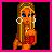 Pixelated icon of a woman with long blonde hair, blue eyes, and large white earrings wearing an orange dress against dark background.