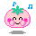 A 4-frame animated contact sheet of a pink pixelated fruit character with green leaves, showing facial expression changes and floating blue musical notes against a gray background.