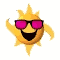 Animated sun icon with pink sunglasses and a wide black mouth, displaying varying arm positions across frames.