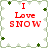 A static pixel art icon with red text "I Love SNOW" on a white background bordered by green and light gray floral patterns.