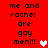 Red background with black text reading "me and rachel are gay men!!!" and a white heart symbol on the left side.