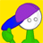 Pixelated cartoon character with purple head, blue neck, green legs, and white face featuring two gray circular eyes on a solid yellow background.