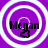 Four identical circular icons with purple backgrounds and white concentric rings, each displaying the text 'Megan' and a small black symbol below it.