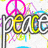 A colorful digital artwork featuring a peace symbol, the word 'peace', and a heart-shaped design with the text 'Love' inside it.