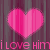 A 2x2 contact sheet of four identical animated frames showing pink hearts and repeating text on a dark striped background.