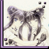 Two anime-style figures with long dark hair and blue eyes embrace, wearing light-colored traditional clothing with floral patterns.