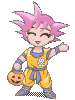 Pixelated character with pink spiky hair wears yellow martial arts uniform holding orange pumpkin-shaped bucket, two poses show different arm positions.