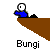 Pixelated character in blue shirt and white head performs actions on brown triangular platform with black mound, labeled 'Bungi' below.