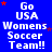 Blue background with repeated white text 'Go USA Womens Soccer Team!!' and scattered red and blue stars.