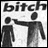 Pixelated grayscale icon shows two stick figures with one figure extending an arm toward the other, above which the word 'bitch' is rendered in blocky text.