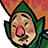 Pixelated character with green pointed hat and ears, pink nose, closed eyes, red cheeks, brown skin tone, orange background.