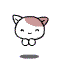 Pixelated cat icon with white body and brown patch on head, showing four distinct poses including floating, smiling, open-mouthed, and colorful square particles.
