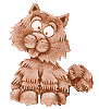 Pixelated brown cat-like creature with large white eyes, rounded nose, and fluffy fur texture, seated with one paw raised against gray background.