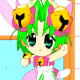 Pixelated cartoon character with green hair, pink ears, and yellow bells on head, wearing pink top with bell, white skirt, and gold wrist bells, standing against light blue background.