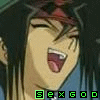 Anime character with dark hair and red headband in repeated , mouth open showing teeth and tongue, green text below