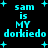 Pixelated cyan text on black background with scattered plus signs, displaying 'sam is MY dorkiedo' in four identical