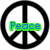 Three peace sign icons with text overlays: green 'Peace', purple 'Love', and yellow 'Happiness' on black symbols against white backgrounds.