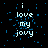 Pixelated text 'i love my jovy' on black background with blue speckles, displayed in a of six identical