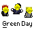 Animated contact sheet of 13 frames showing a pixel art icon with yellow stick figures and red/orange explosions, all labeled "Green Day" beneath each frame.