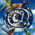 A pixelated circular icon with swirling patterns in blue, white, and brown tones against a blue background with green and yellow accents.