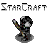 Pixelated character in dark armor holding a glowing staff with multicolored accents, standing on a circular base beneath stylized text.