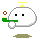 Pixelated white character with black square eyes, yellow T-shaped headpiece, green pipe in mouth, brown circular smoke puff, and light gray background.