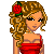 Pixelated image of a woman with curly blonde hair and red rose in hair, wearing strapless red dress; text 'Prom 2004' appears below.